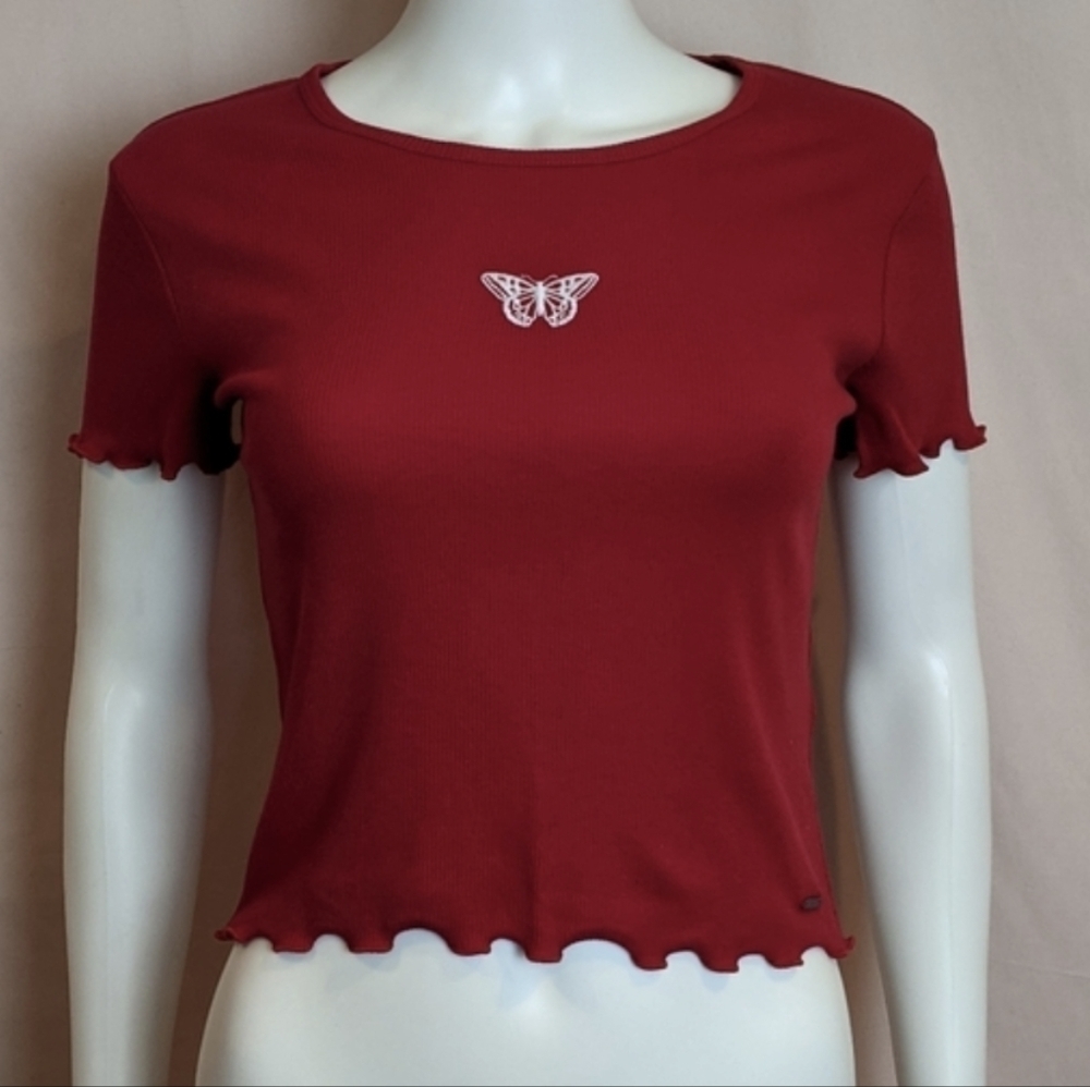 Hollister Red Ribbed Short Sleeve Cropped Lettuce Hem Butterfly Baby Tee Size XS